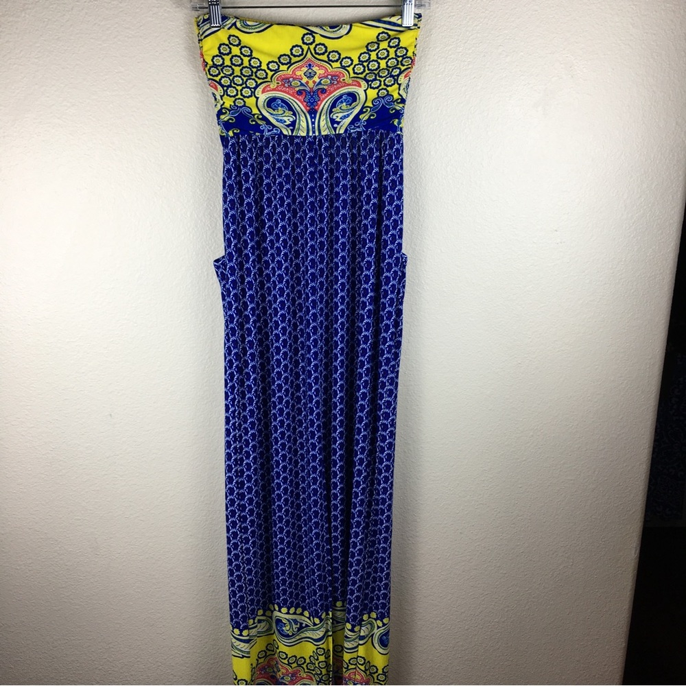Silvergate Women's Blue Yellow Floral Strapless Maxi Dress Front Pockets Size S